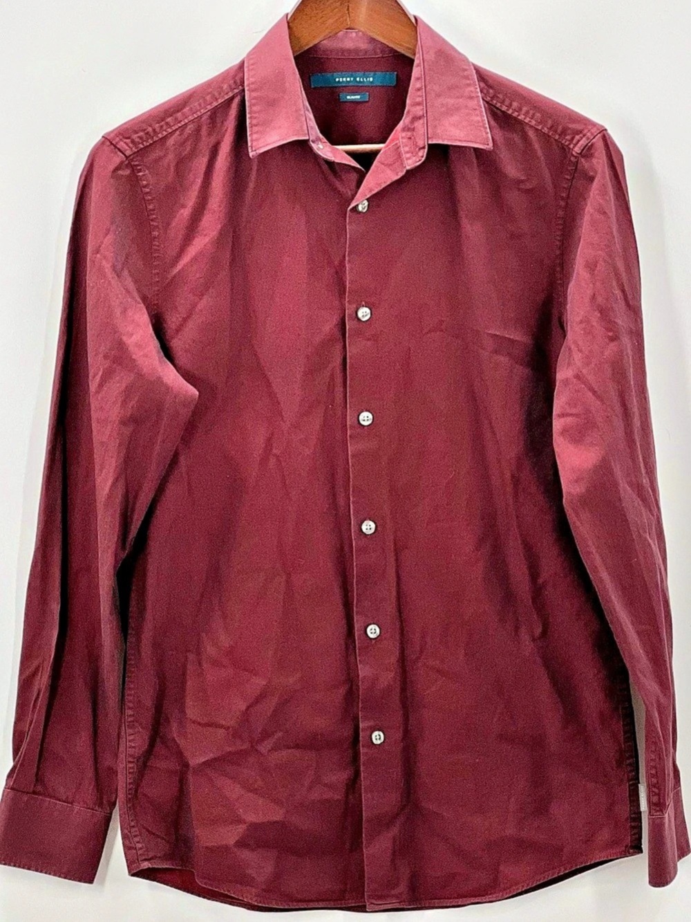 475 Perry Ellis Slim Fit Long Sleeve Button Down Shirt Cotton Burgundy Small
